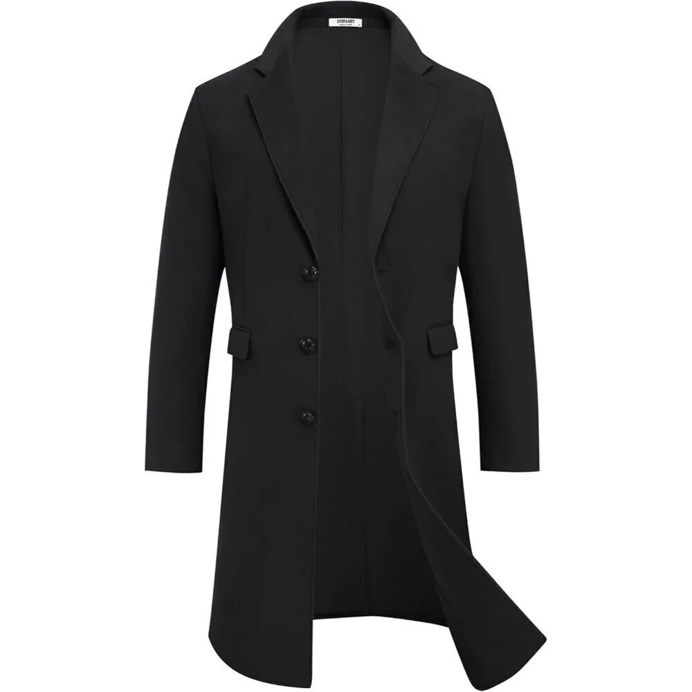 Men's Black Trench Coat Long Casual Notched Collar Wool Blend Pea coat